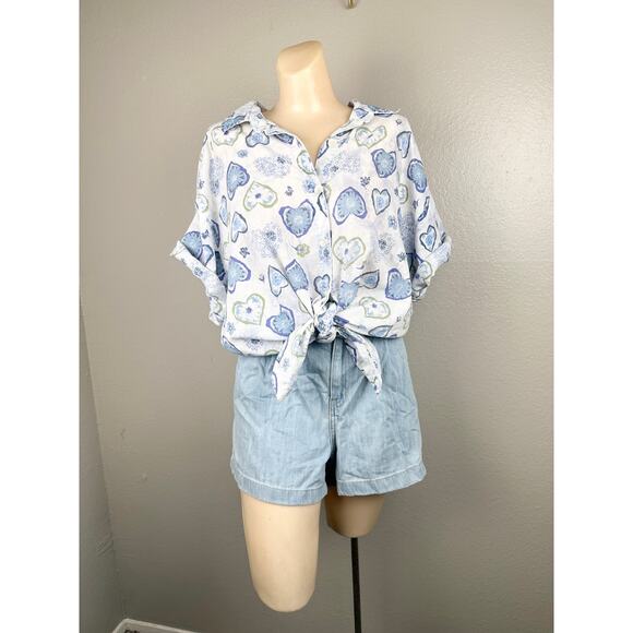 Vintage 80s 90s Heart Floral Novelty Print Button Front Plus Lightweight Top - Picture 11 of 14